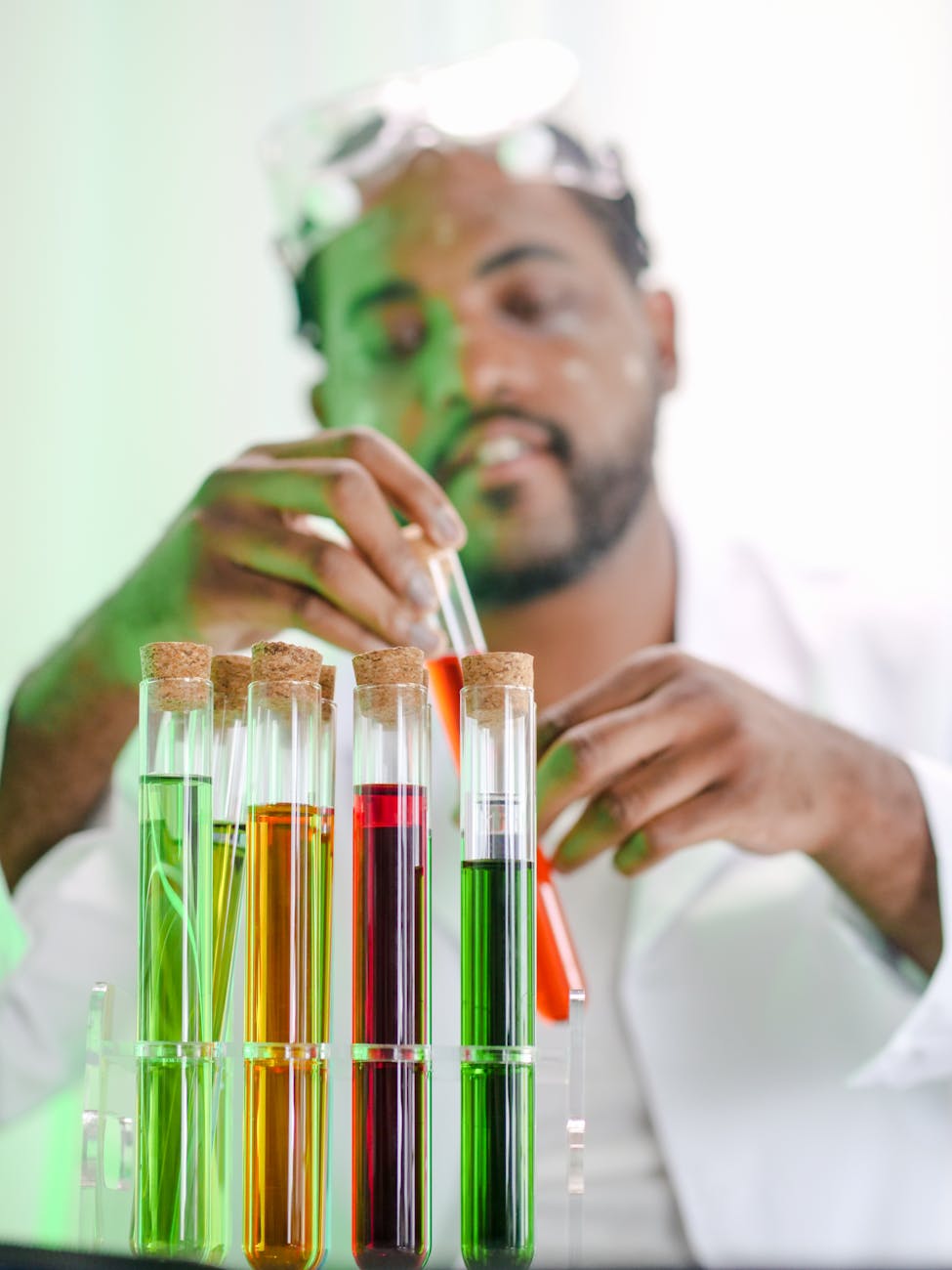 close up view of colored liquids in a test tube